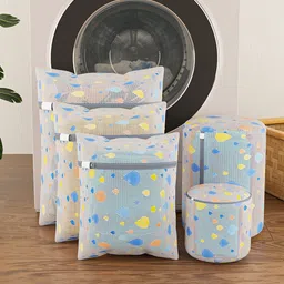 Kuber Industries White & Blue 6 Pieces Drop Printed Reusable Laundry Bags With Zipper-38
