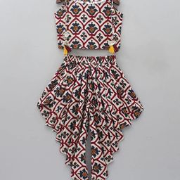 White World Girls Floral Printed Shoulder Straps Sequinned Top With Dhoti Pants-picture-10