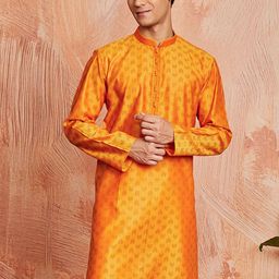 VASTRAMAY Geometric Woven Design Mandarin Collar Jacquard Silk Straight Kurta-image-19