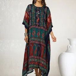 Soch Ethnic Motifs Print Tie-Up Neck Kaftan Midi Dress-image-52