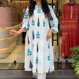 SINGNI Printed Pure Cotton Mandarin Collar Top With Trousers Co-Ords Set-image-8