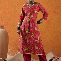 Indo Era Bandhani Printed V Neck Gotta Patti Pure Cotton Straight Kurta-image-70