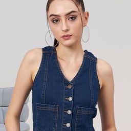 R.Code by The Roadster Life Co. Women V-Neck Denim Vest Top-picture-39