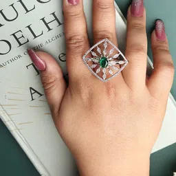 DIVASTRI Rhodium-Plated White and Green CZ Studded American Diamond Adjustable Ring-picture-28