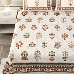 SHOOLIN White & Brown Floral Printed Pure Cotton 144 TC King Bedsheet with 2 Pillow Covers-image-33
