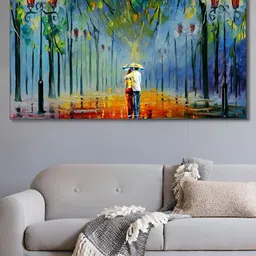 nestroots Blue & Red Rainy Stroll Canvas Framed Painting Wall Art-48