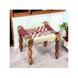 Ikiriya Riaza Sheesham Wood Maachi Stool in Assorted Multi-Colour Chindi & White Rope Canning (1 Year Warranty)-picture-13