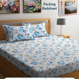 FABINALIV White & Blue Floral 300 TC King Bedsheet with 2 Pillow Covers-image-91