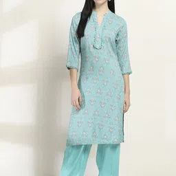 Rangriti Floral Printed Thread Work Mandarin Collar Straight Kurta with Trouser-picture-33