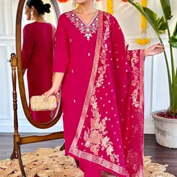 Moda Rapido Floral Embroidered V Neck Kurta With Trousers & Dupatta-picture-16