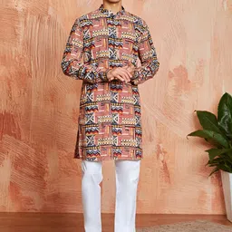 VASTRAMAY Geometric Block Printed Mandarin Collar Cotton Straight Kurta With Pyjama-7