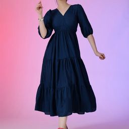 Krunal Raiyani Women V-Neck Puff Sleeve Fit & Flare Midi Dress-picture-2
