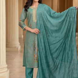 Skylee Pop Floral Embroidered Sequinned Straight Kurta With Trousers & Dupatta-image-92