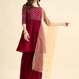 PANIT Geometric Embroidered Round Neck Anarkali Kurta With Sharara & Dupatta-42