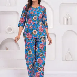 Moda Rapido Floral Printed Round Neck Pure Cotton Top With Trousers Co-Ords-picture-3