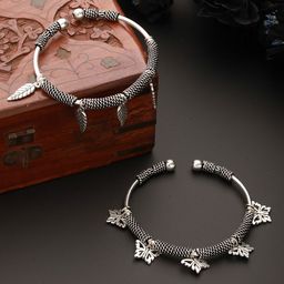 Sangria Set Of 2 Silver-Plated Oxidised Tribal Leaf & Butterfly Charm Bracelets-13