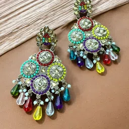 Sangria Silver Plated Kundan Studded & Beaded Chandelier Statement Earrings-image-2