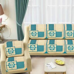 SAWNA HOMES Blue & Cream 6 Pieces Floral Printed 5 Seater Velvet Sofa Covers-image-98