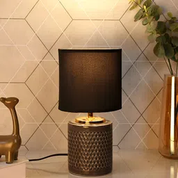 TAYHAA Black and GoldToned Textured Ceramic Contemporary Cylindrical Shaped Table Lamp-48