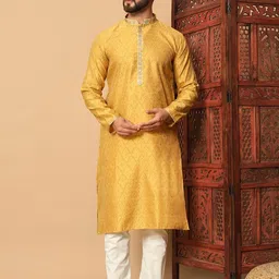 Men's Mustard Yellow Printed Pattern Kurta with Embroidered Placket-image-71
