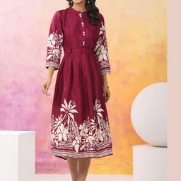 Kaftanize Floral Print Fit & Flare Midi Dress-60