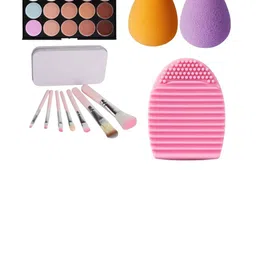 skrynnzer Set Of 4 15 Shades Contour- 2-Pcs Blender Puff- 7 Pcs Brush Set & Brush Cleaner-1