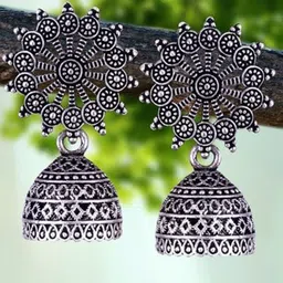 MEENAZ Set Of 4 Silver-Plated Dome Shaped Oxidised Jhumkas-46