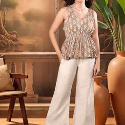 Sangria Floral Printed V-Neck Top With Trousers-image-37