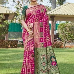 LEAFFEB Women Bandhani Printed Zari Pure Silk Banarasi Saree-picture-51