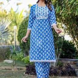 HEBA Floral Printed Round Neck Thread Work Pure Cotton Straight Kurta With Trousers-38