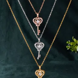 PASU FASHION Unisex Stainless Steel Gold-Plated Stones Studded Key Design Pendant & Chain-image-23