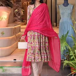 KALINI Floral Printed Sweetheart Neck Pure Cotton A Line Kurta With Trousers & Dupatta-image-44