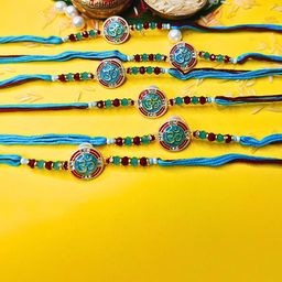 ORANGENYSHA Set Of 6 AD Studded & Beaded Cotton Thread Rakhis-image-73