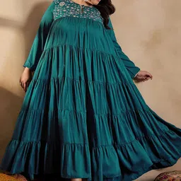 INDDUS PLUS Floral Thread & Sequinned Embroidered Tiered Ethnic Dress-image-20