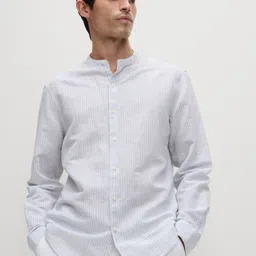 Marks & Spencer Men Band Collar Vertical Striped Linen Casual Shirt-picture-11