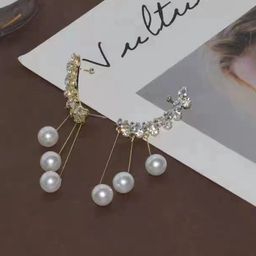 Krelin Gold-Plated American Diamond Studded & Pearls Beaded Tasselled Korean Drop Earrings-4