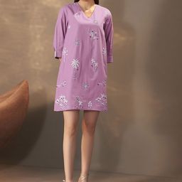 Anouk Women Cotton Floral Embroidered V Neck Flared Sleeves A-Line Dress-picture-16