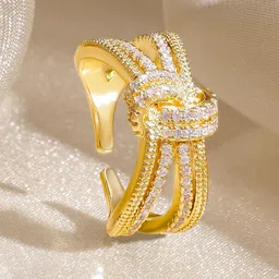 Rubans 18K Gold-Plated Cubic Zirconia Studded Adjustable Bow Design Finger Ring-picture-4