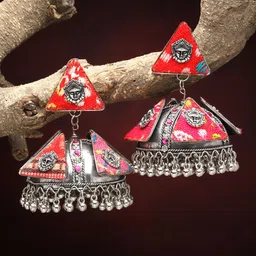 Moedbuille Silver-Plated Crystals Studded Dome Shaped Temple Oxidised Jhumkas-48