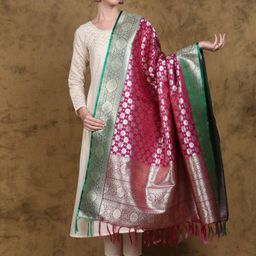 Exotic India Banarasi Dupatta with Zari Woven Golden Floral Bootis and Contrast Border-12