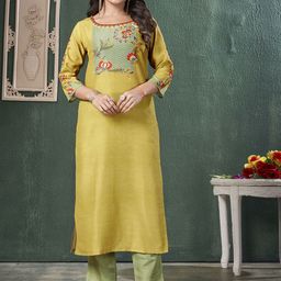MOJILAA Floral Embroidered Thread Work Straight Kurta with Trousers-42