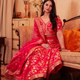 FABPIXEL Embroidered Sequinned Semi-Stitched Lehenga & Unstitched Blouse With Dupatta image 4