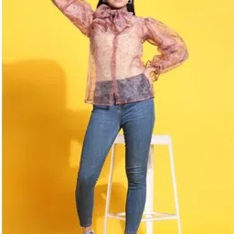 Rujave Floral Printed Tie-Up Neck Puffed Sleeves Sheer Organza Shirt Style Top-picture-9