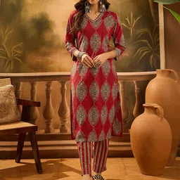 Sangria Floral Printed V-Neck Sequinned Cotton Straight Kurta With Trouser & Dupatta-50