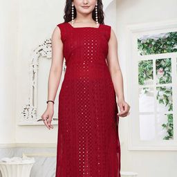 PARROT CREATION Paisley Chikankari Sequinned Embroidered Square Neck Straight Kurta-image-39