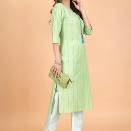 ZIRVI Mint Green Cotton Kurti with Lace-Up Detail-image-82
