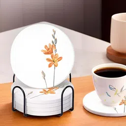 Ekhasa 6 Pcs White & Orange Printed Diatomite Coasters-0