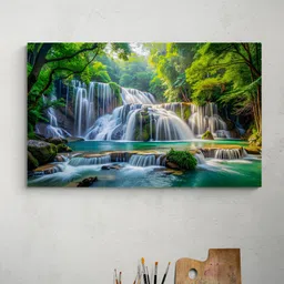 Tushaco Handicrafts Blue & Green 1 Piece Waterfall Canvas Wall Art-15