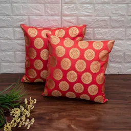 RoyalDeco Peach-Coloured 2 Pieces Ethnic Motifs Brocade Silk Square Cushion Covers-3