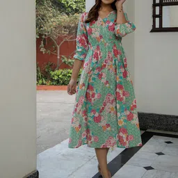 Janasya Floral Printed Pure Cotton Fit & Flare Ethnic Dress-image-82